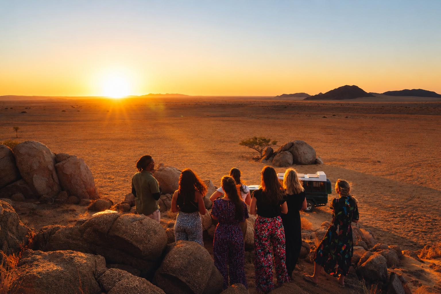 Groupe de voyageurs contemplant un coucher de soleil dans le désert