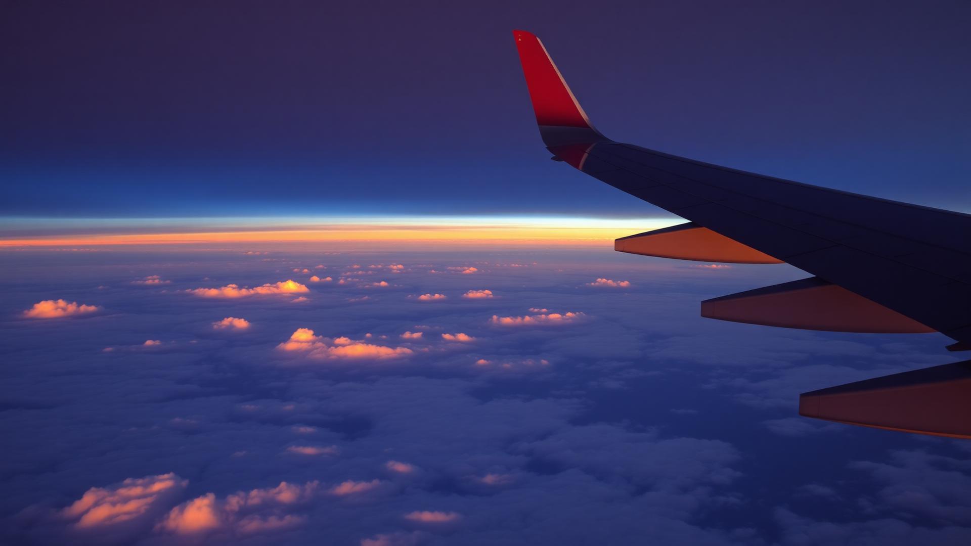 Vue d'une aile d'avion au-dessus des nuages au coucher du soleil